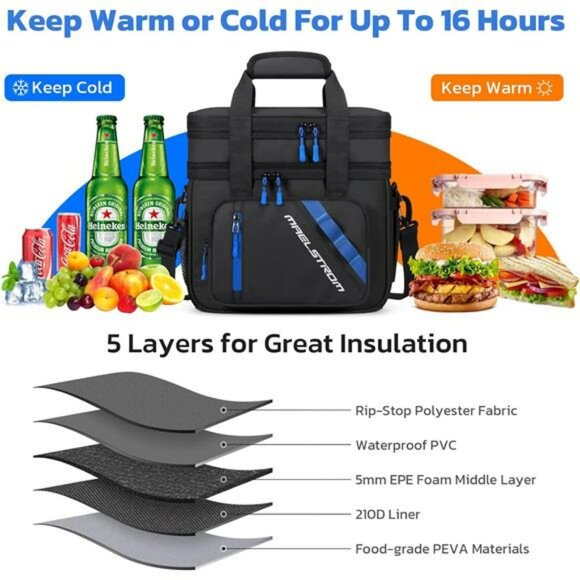 Large insulated lunch bag double deck leakproof cooler tote for work picnic trav - Picture 4 of 7